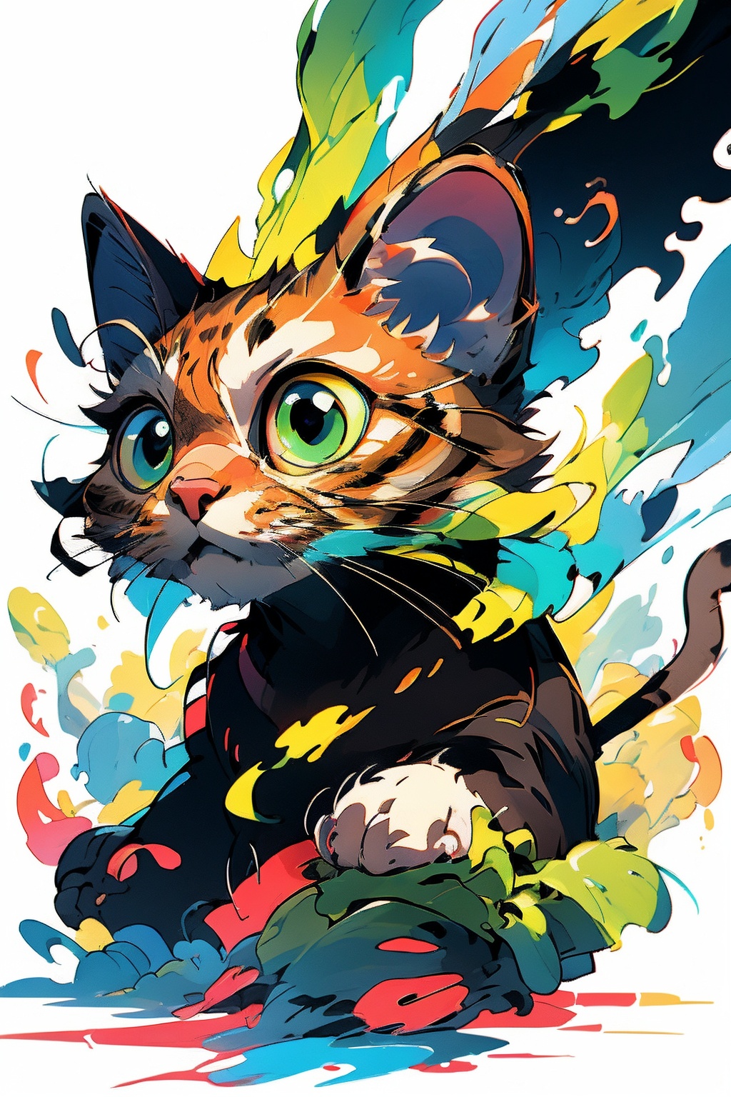,(Masterpiece:1.2, high quality,ultra-fine painting,Vivid Colors),(white background:1.2),TshirtDesignAF, T shirt design,cat, solo,green eyes,yellow animal hair(Brown stripes),vibrant,cure lovely,<lora:Chinese Li Hua:0.8> ,  <lora:cat_20230627113759:0.7>, <lora:TShirtDesignRedmond1-5V-LiberteRedmond-TShirtDesignAF:1>