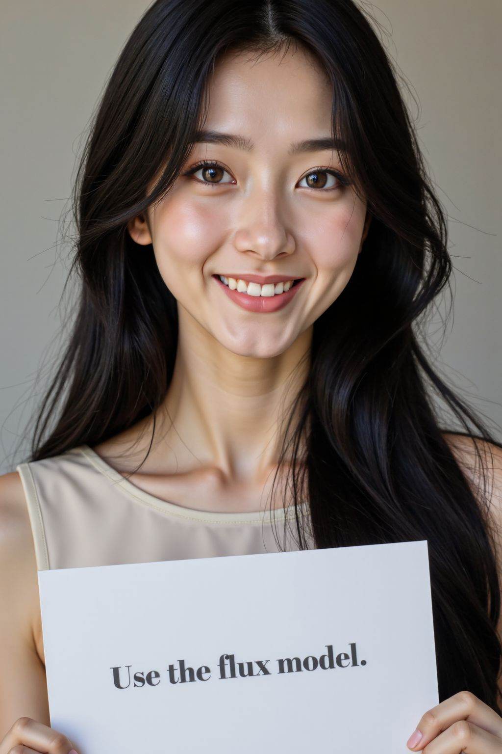 instagram photo, closeup face photo of 20 y.o, brown eyes, pale skin, smile, black long straight hair, boatneck dress, holding a sign with text "Use the flux model",