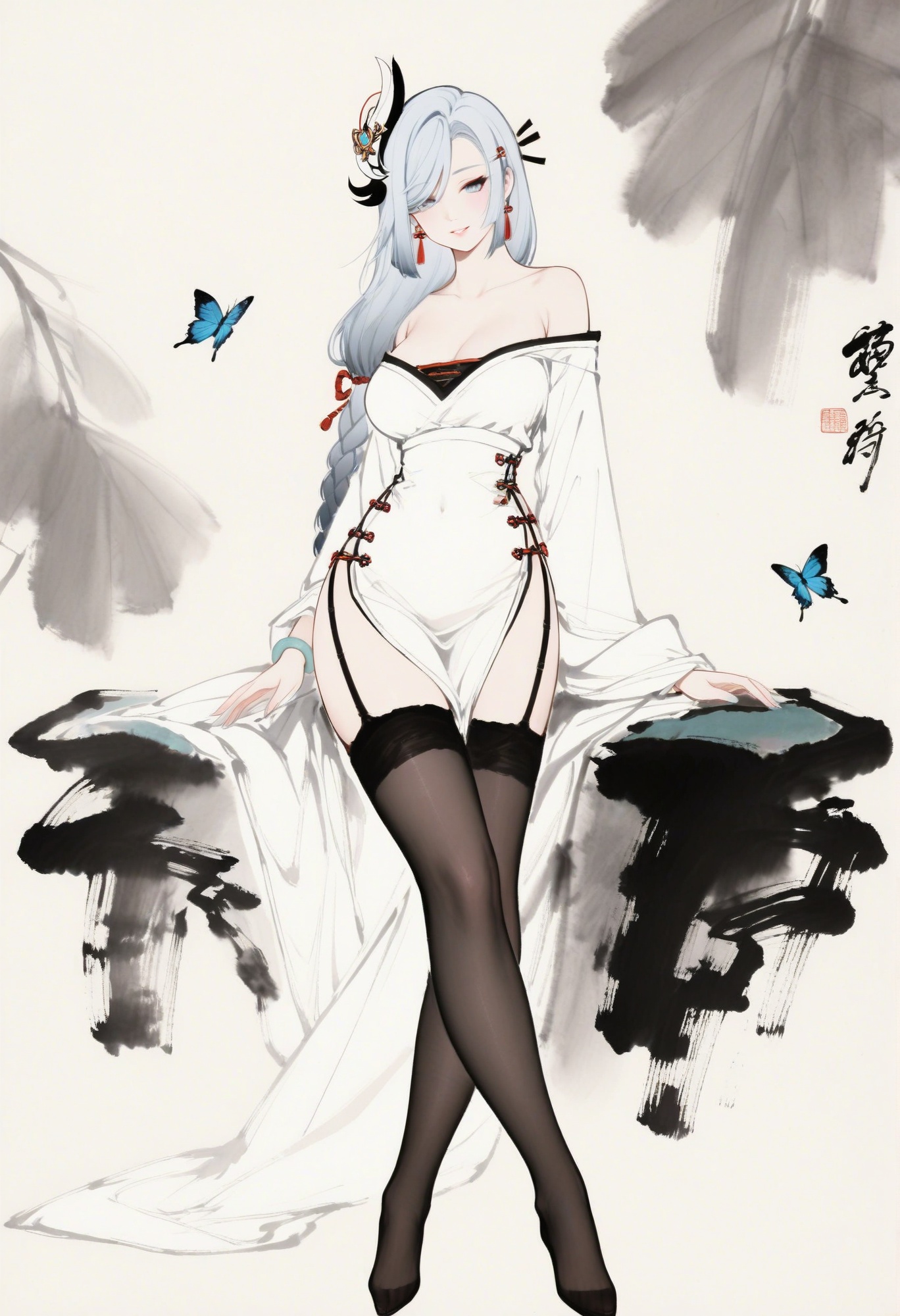 xieyi,masterpiece,best quality,amazing quality,very aesthetic,sharp focus,high-end texture,(very awa,year 2024,newest,highres,absurdres),shenhe_(genshin_impact),white_hair,1girl,solo,long hair,narrow waist,long eyelashes,earring,smile,looking at viewer,dress,seductive smile,parted lips,jewelry,hair clip,bracelet,hair ornament,flower,***,butterfly,ace-trim,garter straps,full body,dynamic pose,off shoulder,thighhighs,long_sleeves,chinese_clothes,white hanfu,plantain leaf,