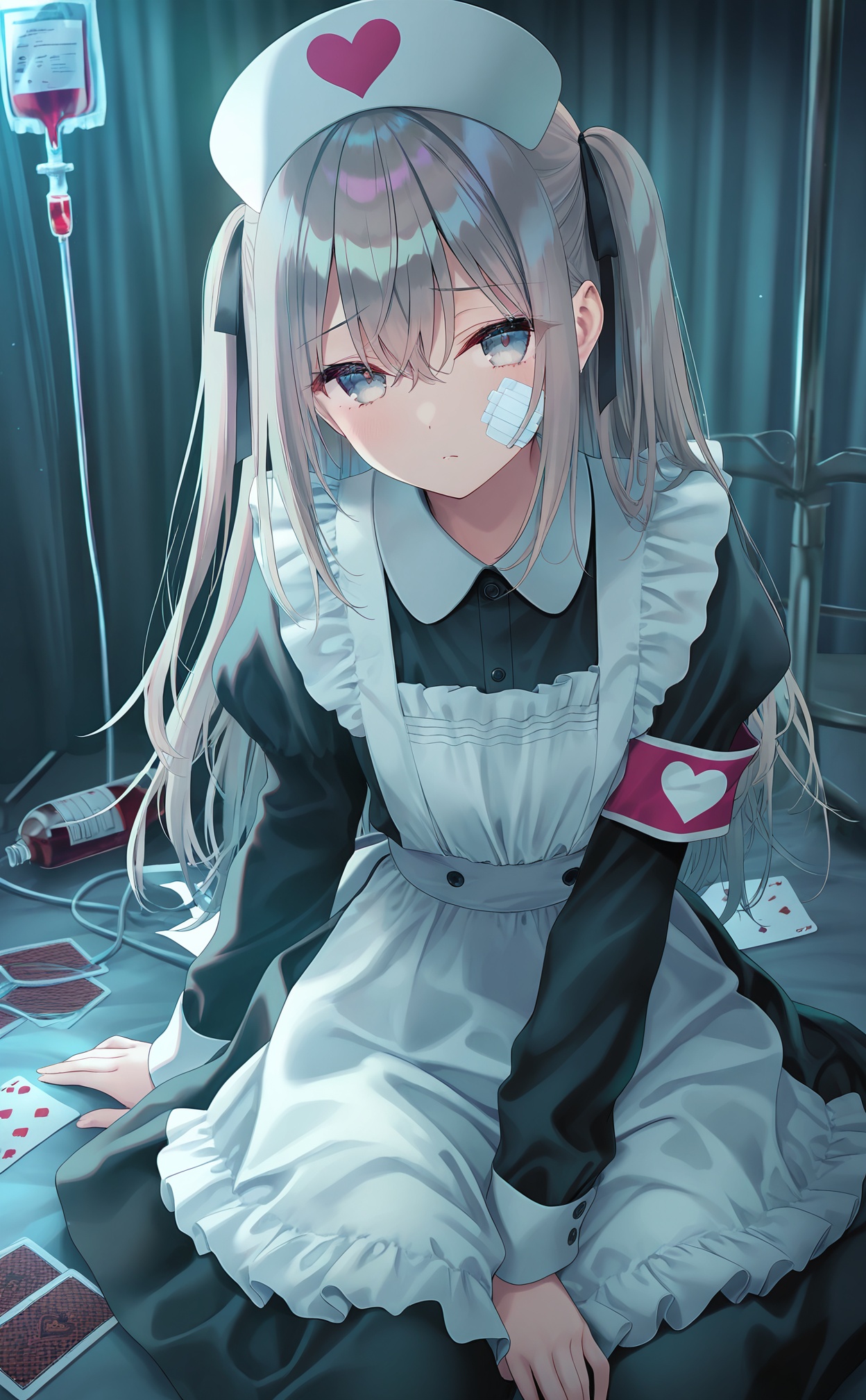 masterpiece,absurdres,best quality,(high quality:0.9),chromatic_aberration,Night,darkness,black theme,shy,embarrass,endured_face,nsfw,//,wakaba_mutsumi,1girl,nurse cap,solo,intravenous drip,hat,long hair,nurse,apron,bandaid,sitting,card,dress,looking at viewer,white apron,grey hair,playing card,grey eyes,long sleeves,pill,grey dress,armband,blood bag,collared dress,frills,frilled apron,syringe,grey theme,closed mouth,heart,bandaid on face,muted color,hospital,bandages,wariza,puffy sleeves,indoors,expressionless,hand between legs,pleated dress,sidelocks,blood,black dress,seiza,hair between eyes,ace (playing card),between legs,bottle,juliet sleeves,on floor,//,potorealistic,((Artist:na-ga)),artist:luvluvvox,artist:fukai ryosuke,[artist:Torino aqua],artist:minato hitori,hiten_(hitenkei),artist:rurudo,artist:lazuri7,artist:yunikon,artist:ramchi,(courreges_ace),//,highres,HDR,8K,high contrast,illustration,depth of field,(colorful),Tyndall effect,contrast,lens flare,
