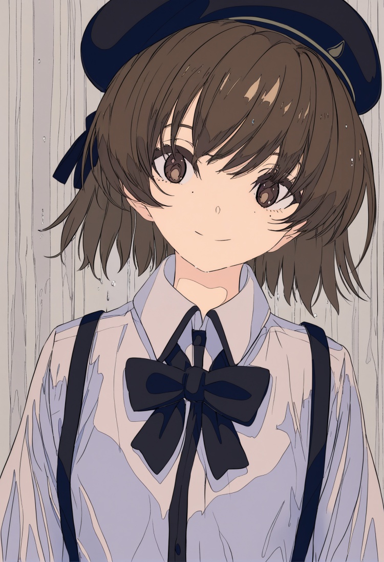 masterpiece, best quality,1girl, solo, hatoba tsugu, virtual youtuber, hat, shirt, suspenders, white shirt, black headwear, collared shirt, mole under eye, looking at viewer, mole, brown eyes, beret, brown hair, black bow, bangs, upper body , closed mouth, wet, blush, short hair, ribbon, rain, black bowtie, smile tie, black ribbon , <lora:焦茶XLlokr8f-000188:0.95>