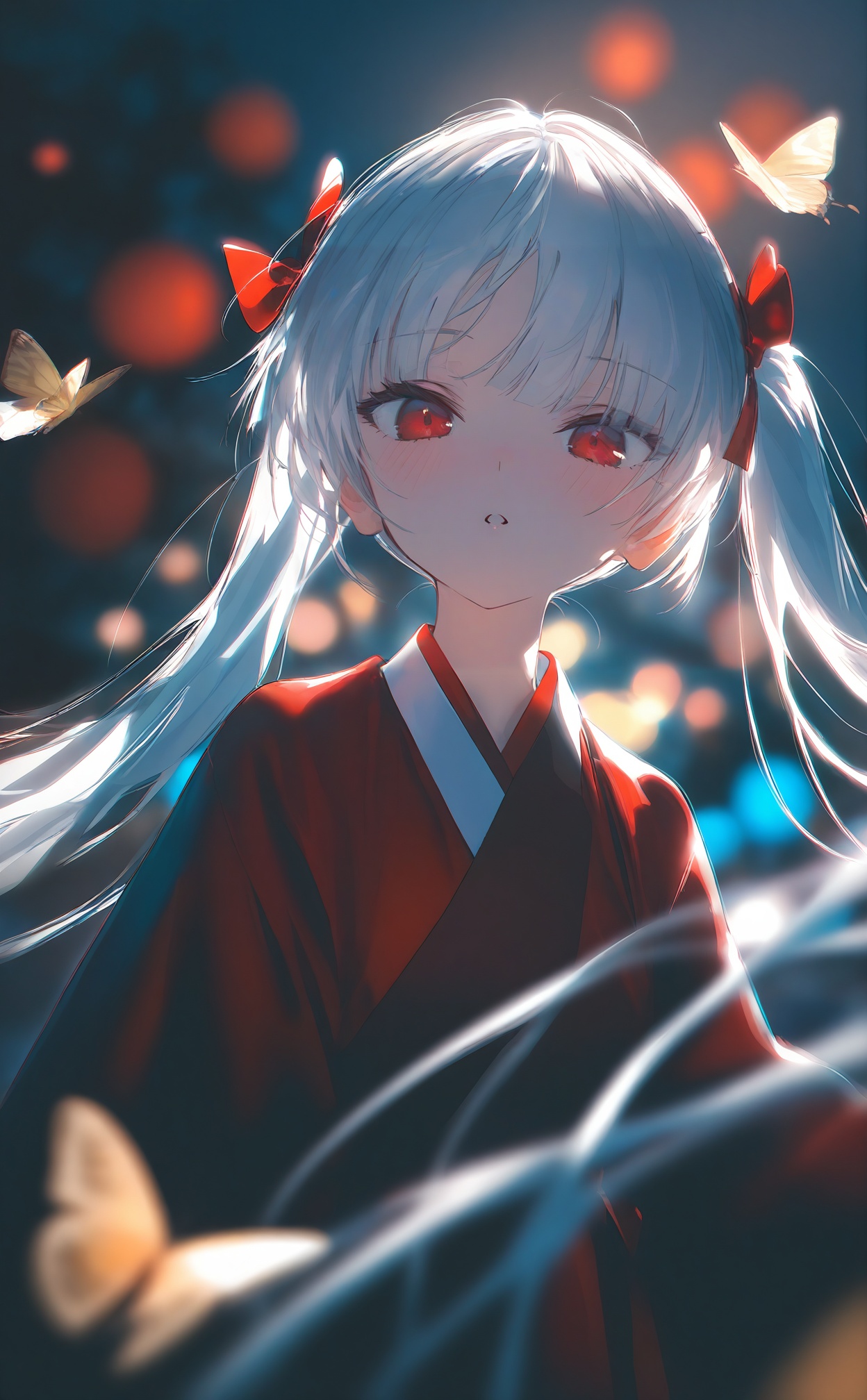 masterpiece,highres,absurdres,newest,best quality,high quality,loli,petite,chromatic_aberration,//,night,1girl,solo,long hair,looking at viewer,blush,bangs,red eyes,long sleeves,twintails,very long hair,upper body,white hair,hair bow,parted lips,hanfu,Red Hanfu,blurry,:o,floating hair,depth of field,animal,bug,butterfly,//,official art,depth of field,detailed light,blurry background,cinematic lighting,ray tracing,ultra detailed,god rays,backlighting,photo background,film grain,chromatic aberration,volumetric lighting,depth of field,blurry background,shiny skin,floating hair,cinematic lighting,day,very aesthetic,//,<lora:MAQ1118——【noob】hans:1>,