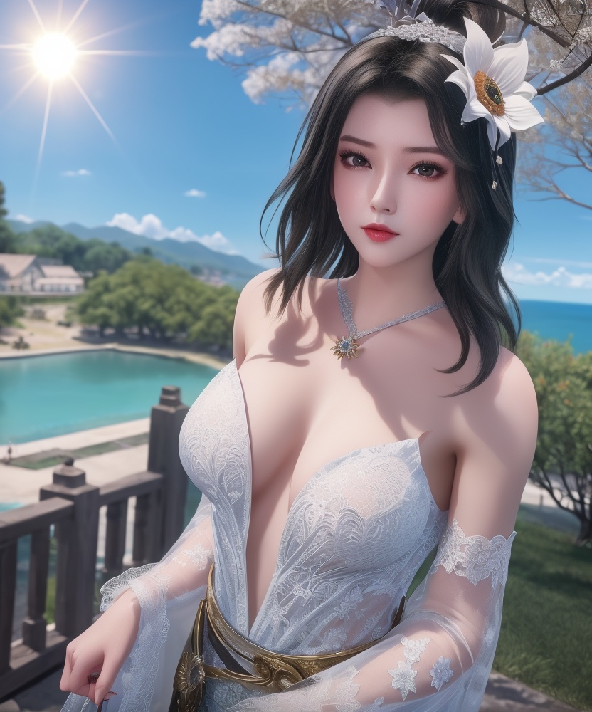 <lora:542-DA-万界至尊-青雉:0.8>(,1girl, ,best quality, ),looking at viewer,  ,, ultra detailed background,ultra detailed background,ultra realistic 8k cg,,masterpiece, (( , )), fiction,mole,  ,     ,see-through, lace, (cleavage),(((, solo, sun, , bare_tree, )))