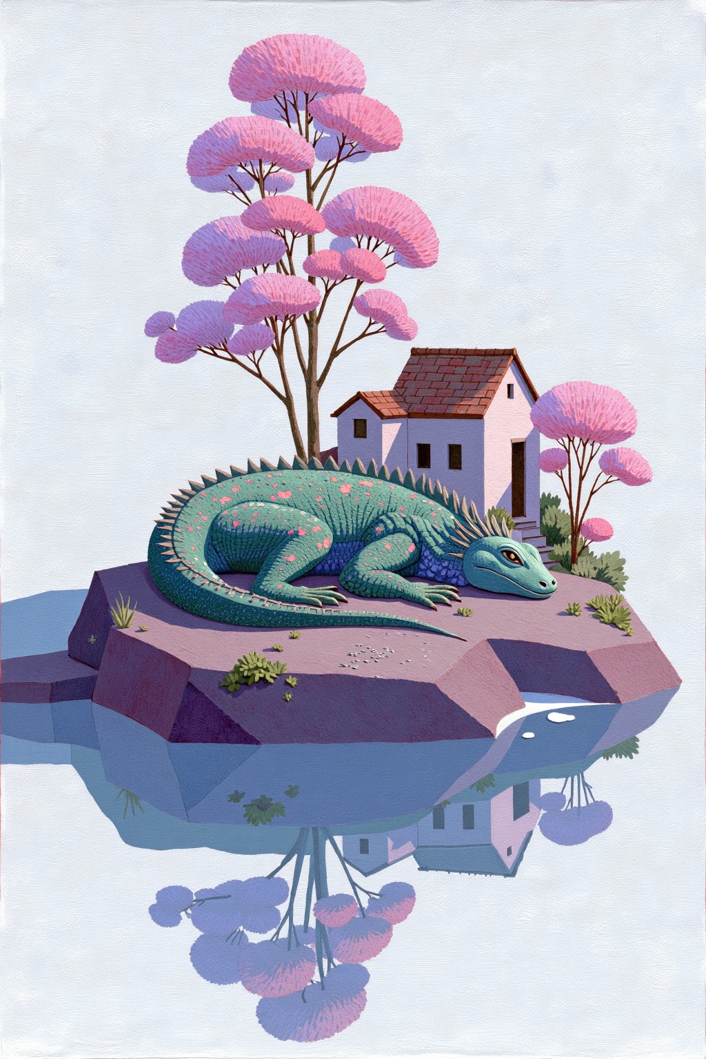 beijihui,Captured in a medium-sized painting, a green iguana is lying on a rock formation. The iguana's head is facing the right side of the frame, its eyes closed. Its body is angled slightly to the left, and its head is turned to the right. The background is a light gray, and there is a tree with pink flowers on the right of the iguana. There is a small house on the left side, and a brown roof on the top right corner of the image. The tree is casting a shadow on the water, and the reflection of the tree is visible on the surface of the water.