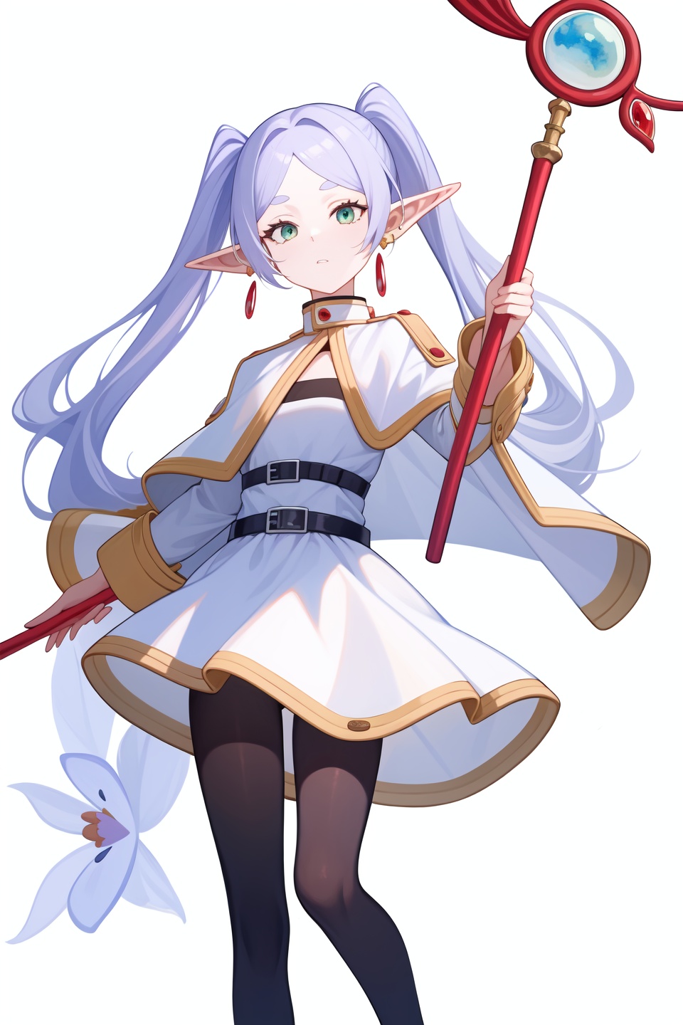 <lora:芙莉莲:1:lbw=char>,fulilian,1girl,twintails,earrings,long sleeves,white capelet,best quality,white dress,black pantyhose,high quality,belt,holding staff,blue flower,, (masterpiece,best quality,high quality:1.4),absurdres,