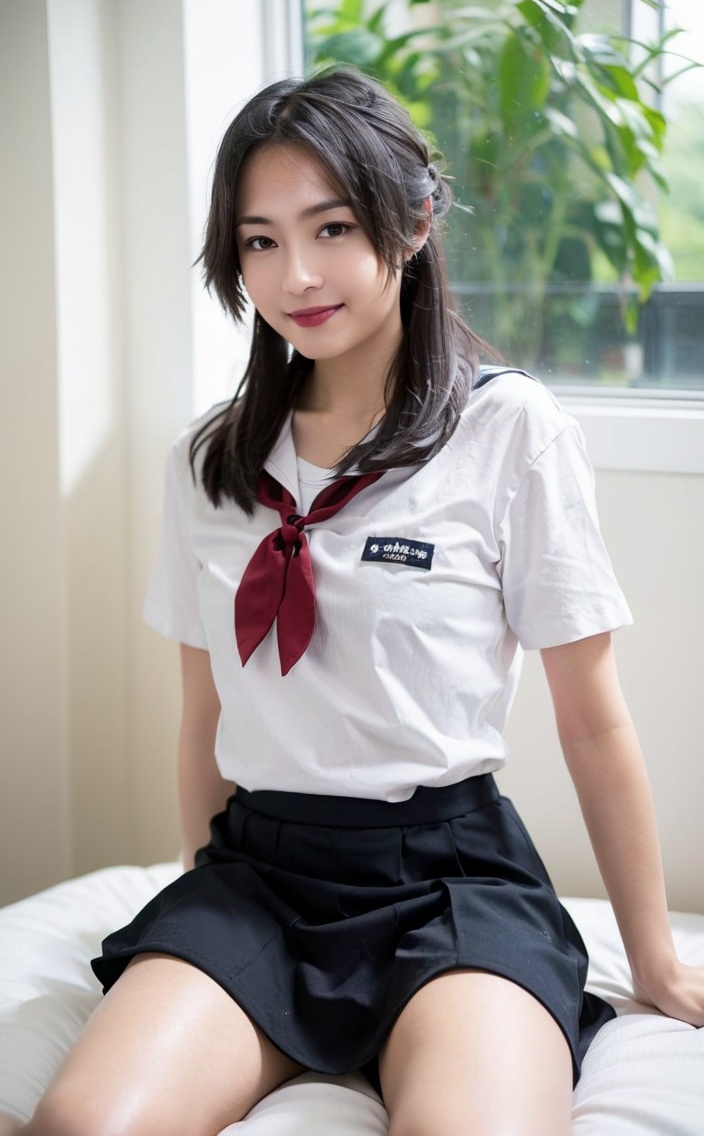 solo,pantyhose,school uniform,skirt,red skirt,sitting,long hair,window,1girl,serafuku,bow,short sleeves,indoors,sailor collar,red skirt,bangs,bowtie,shirt,looking at viewer,cosplay,white shirt,red bow,grey hair,smile,black pantyhose,on bed,pleated skirt,black hair,own hands together,feet out of frame,<lora:TUIBUXIJIE:lbw=OUTS>,sitting sideways,