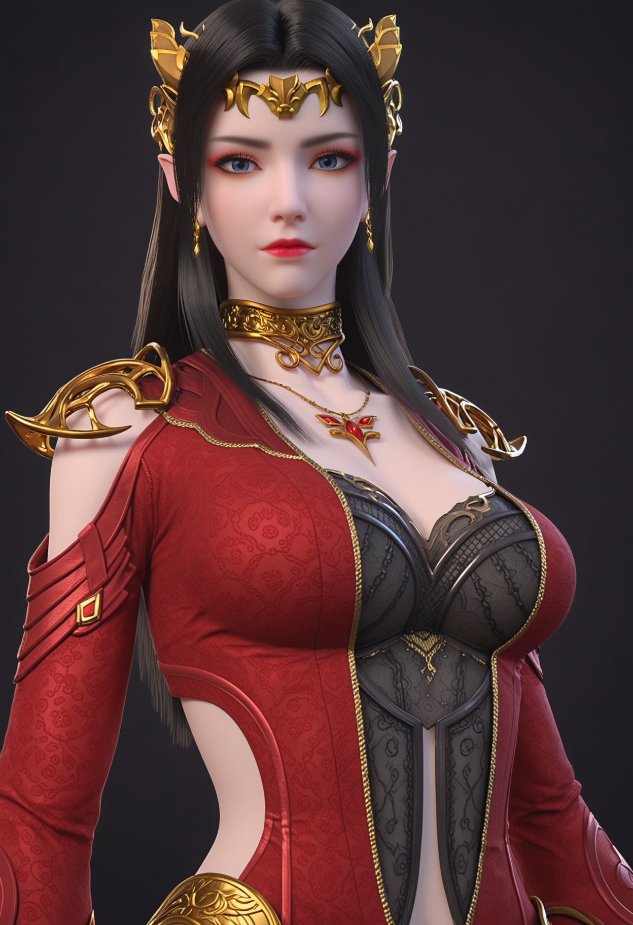 (looking_at_viewer:1.2),(upper_body:1.2),<lora:YQ_pony_meidusha_V7:0.8>,solo,1girl,q1528437228,long hair,black hair,jewelry,hair ornament,earrings,dress,red dress,necklace,blue eyes,collar,metal collar,brown hair,high heels,red footwear,circlet,armor,red jacket,cleavage,(simple background,pure black background,black background:1.1),perfect_anatomy,