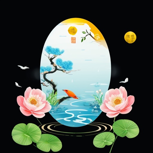 the 24 Traditional Chinese Solar Terms\(Rain Water\),flat,black background,flower,water,petals,no humans,bird,animal,fish,branch,animal focus,<lora:lbc_Rain Water-ts:0.8>,
