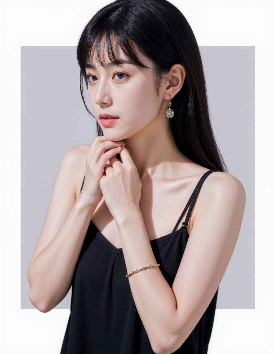 realistic, photorealistic, upper body, 1girl, solo, black hair, long hair, dress, jewelry, earrings,  looking at viewer,