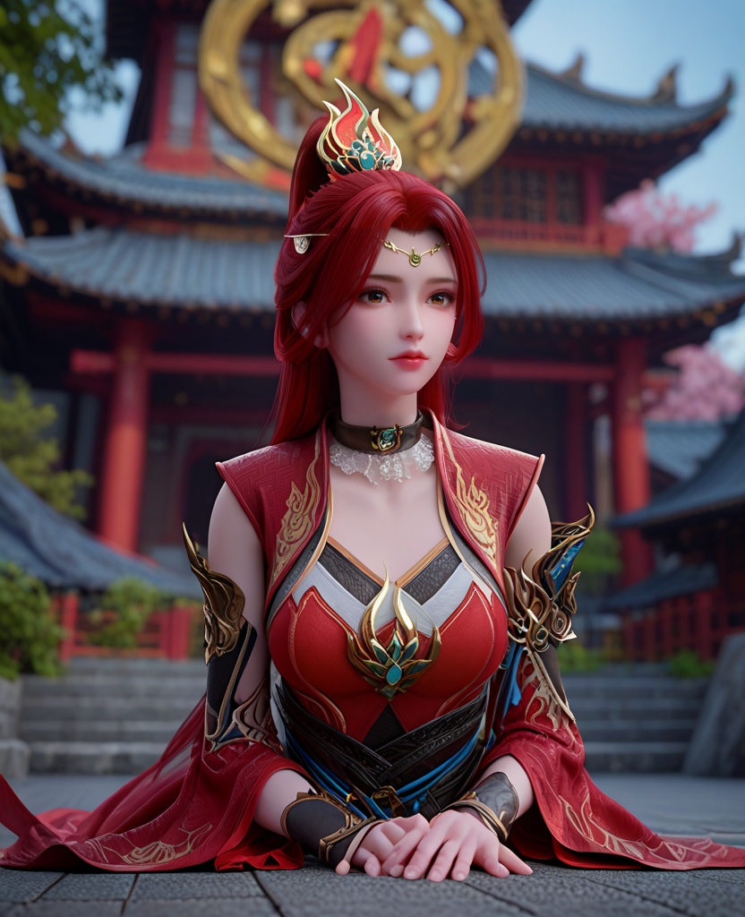 (oriental architecture, elegant decor, sophisticated style:1.1),(Kneeling, one hand on the ground, looking forward,:1.1),looking at viewer,(breasts:1.2),<lora:XL斗破苍穹唐火儿:0.95>,miss tanghuoer,red dress,brown eyes,red hair,ponytail,hair ornament,long hair,choker,asymmetrical sleeves,sash,skirt,, score_9,score_8_up,score_7_up,score_6_up,score_5_up,score_4_up,3d rendering,tag1,tag2, Cinematic Lighting,backlighting,, zPDXL3, zPDXL2,zPDXL, zPDXLxxx, zPDXLrl,
