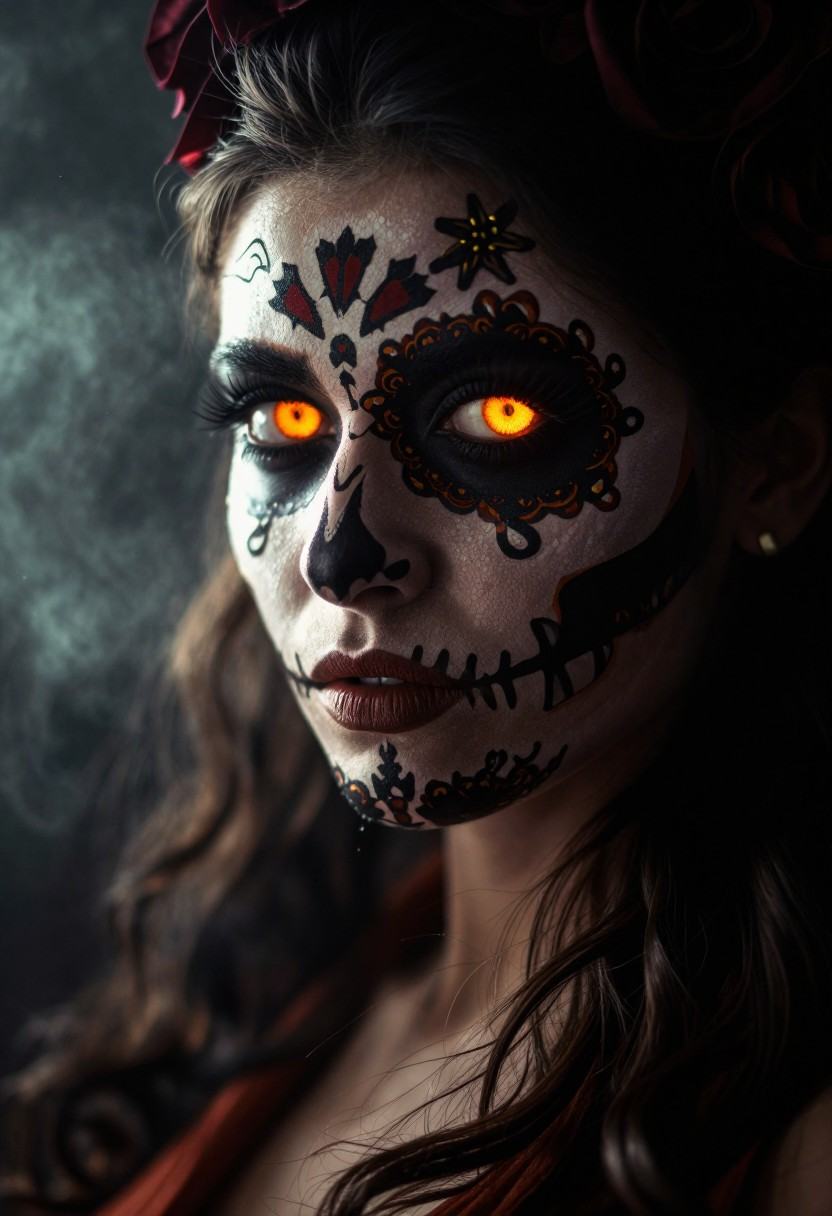 tot_halloween,  close-up portrait of a mysterious woman,  elaborate day of the dead makeup on Tensor.Art