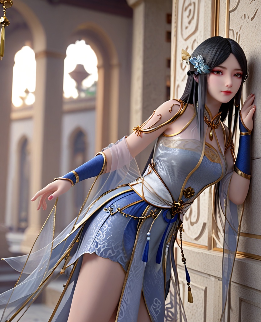 (oriental architecture, elegant decor, sophisticated style:1.1),(Leaning on a wall with one leg bent, looking contemplative:1.1),looking at viewer,(breasts:1.2),<lora:XL斗破苍穹柳菲透纱新衣:0.95>,miss liufei,dress,long hair,black hair,chinese clothes,see-through,brown eyes,hair flower,parted bangs,makeup,, score_9,score_8_up,score_7_up,score_6_up,score_5_up,score_4_up,3d rendering,tag1,tag2, Cinematic Lighting,backlighting,