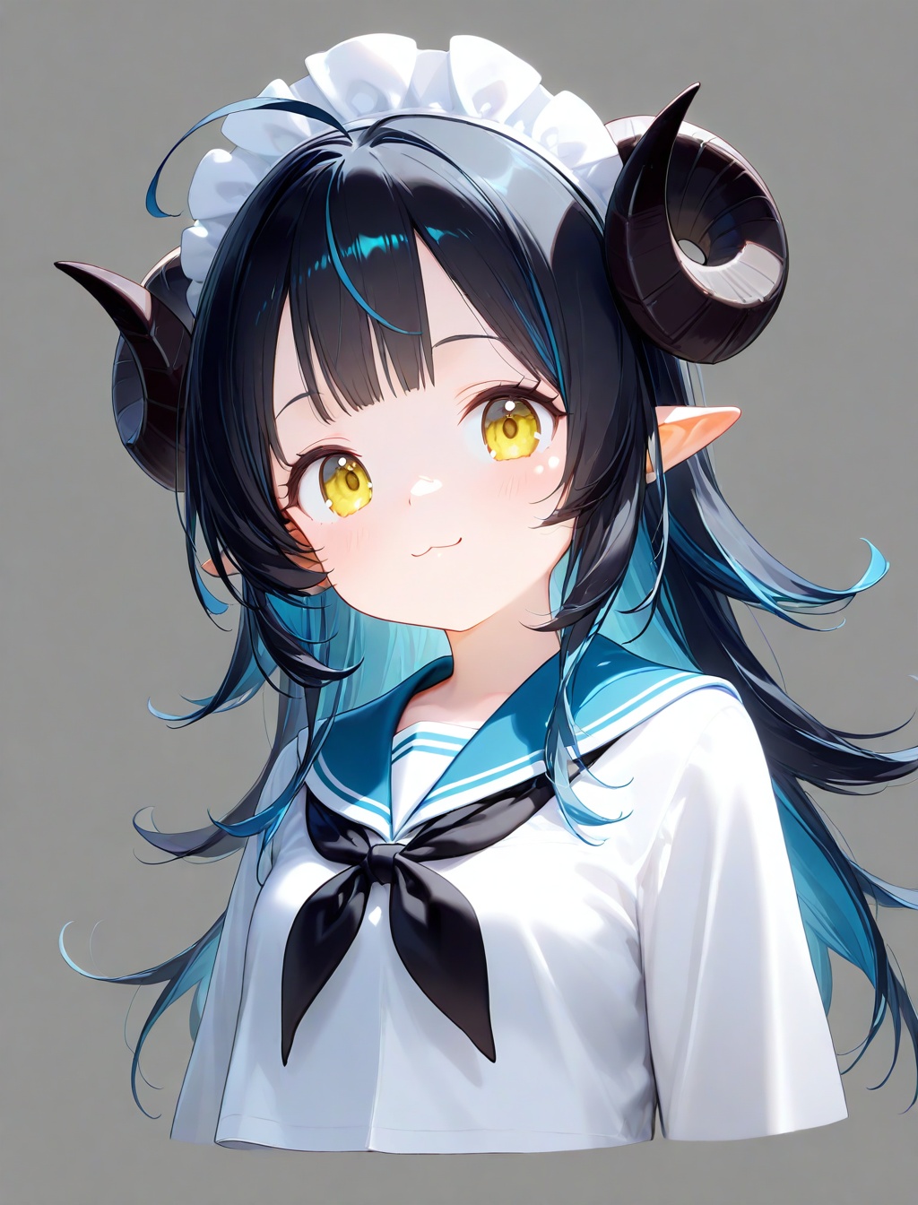 1girl, solo, horns, white background, sailor collar, simple background, long hair, yellow eyes, pointy ears, maid headdress, black neckerchief, looking at viewer, ahoge, neckerchief, blue sailor collar, blue hair, upper body, closed mouth, curled horns, cropped torso, smile, :3, serafuku, black hair, school uniform, white shirt, portrait, shirt