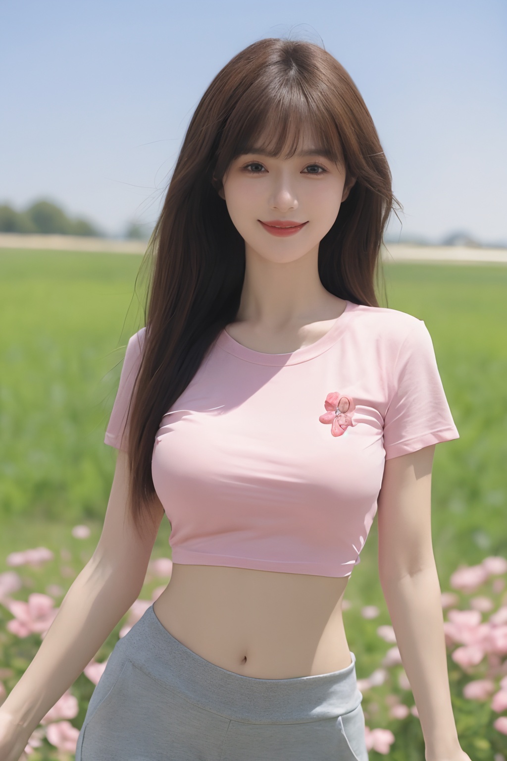 1girl, solo, outdoors, shirt, breasts, looking at viewer, brown hair, navel, flower, realistic, smile, pants, field, brown eyes, day, pink shirt, standing, long hair, sky, short sleeves, midriff, blurry, large breasts, yoga pants<lora:sifang_20231118123505:0.6>, 