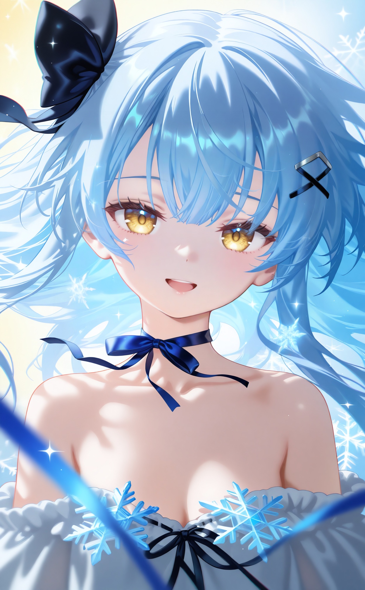 masterpiece,absurdres,best quality,high quality,chromatic_aberration,loli,petite,//,1girl,solo,blue_hair,long_hair,ribbon,yellow_eyes,looking_at_viewer,open_mouth,smile,hair_ornament,blue_ribbon,bare_shoulders,neck_ribbon,portrait,floating_hair,snowflakes,hair_ribbon,:d,collarbone,upper_body,hairclip,black_ribbon,sparkle,//,//,<lora:nyalia——【CKXL测试】hans:1>,