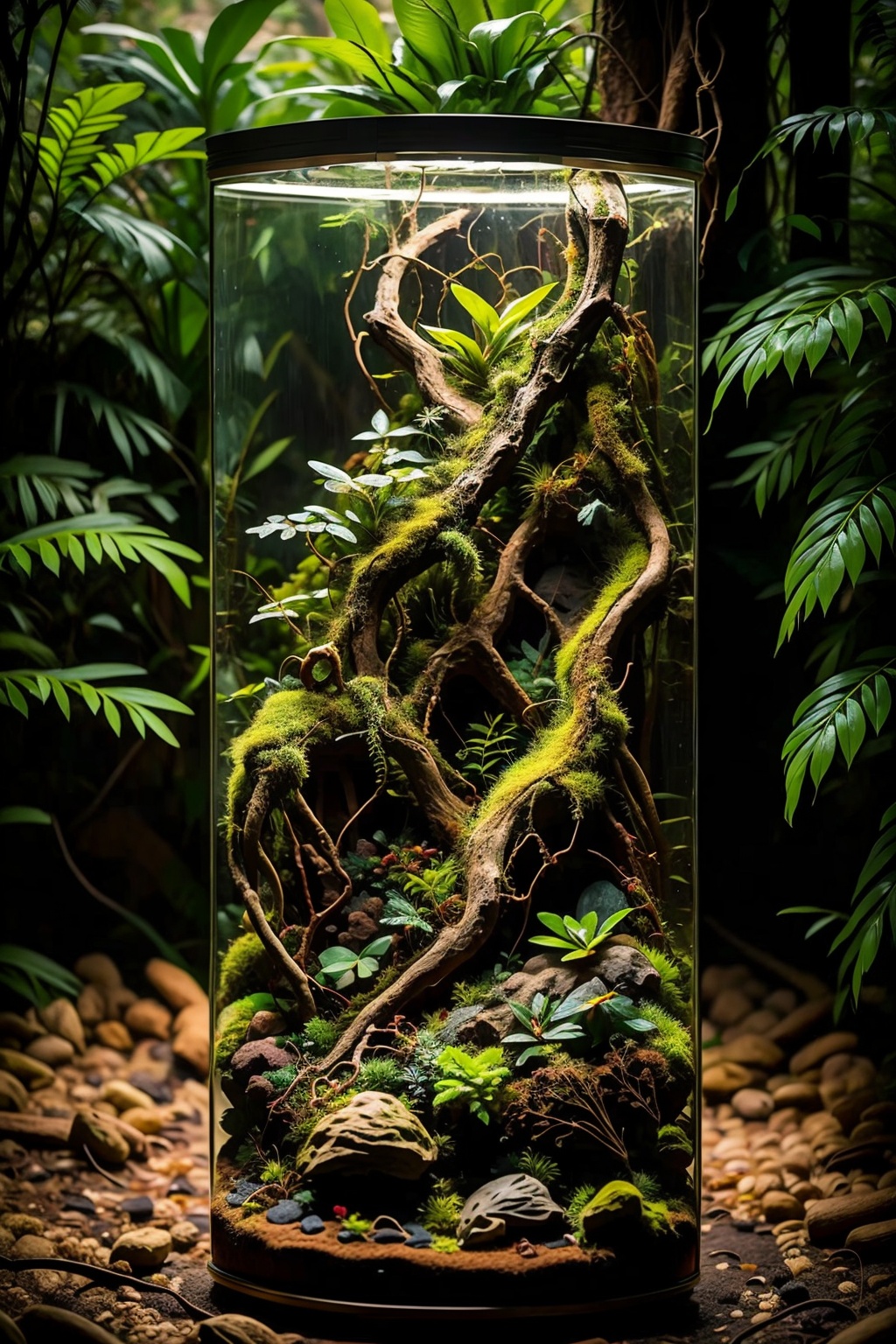 (masterpiece:1.2),best quality,highres,extremely detailed CG,perfect lighting,8k wallpaper,photograph,photorealistic,glass cylinder,plant distribution,depth of field,nature,skeleton structure,micro-landscape,primary and secondary clear,<lora:FF_20240117155356-000005:0.9>,