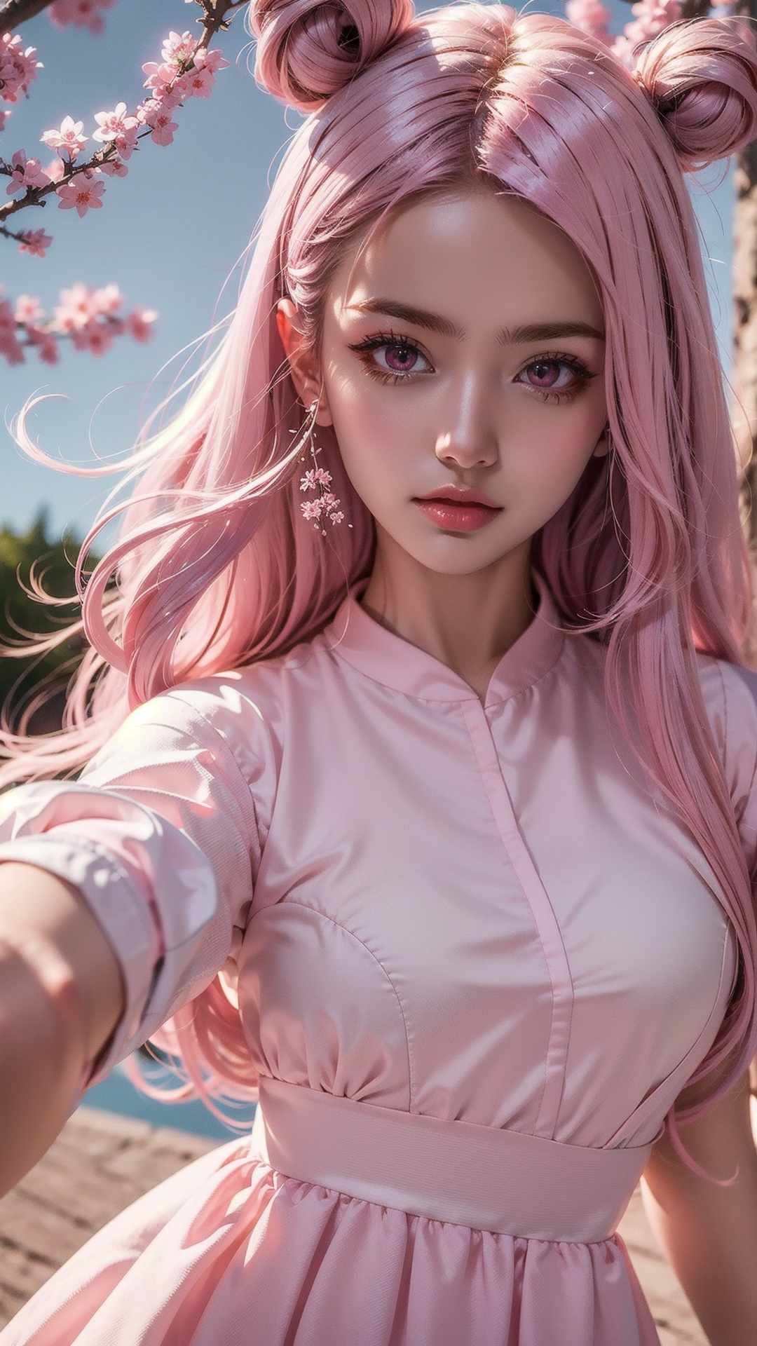 (masterpiece), (best quality), (ultra-detailed), ((masterpiece)) ((best quality)) ((ultra-detailed)), Light pink hair, pink eyes, pink and white, sakura leafs, vivid colors, white dress, paint splash, simple background, ray tracing, long hair, wavy hair