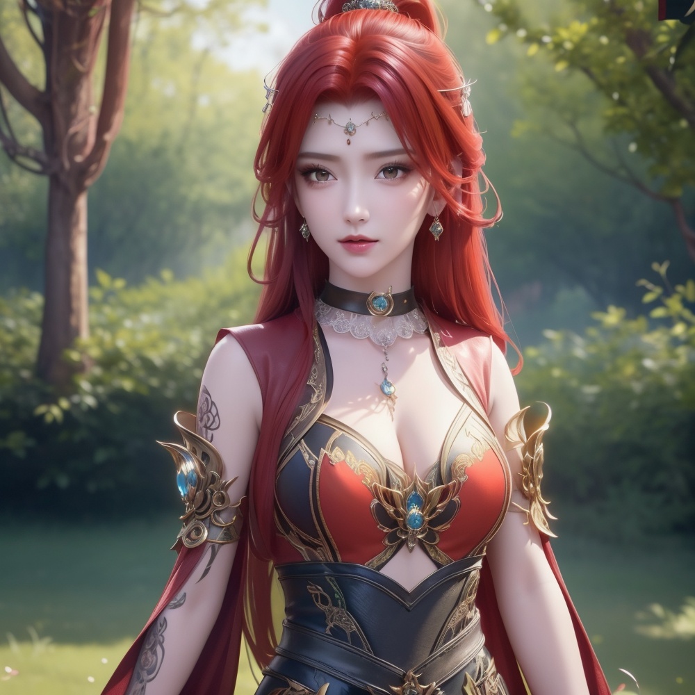 <lora:斗破苍穹-唐火儿:0.8>,red hair,  (,1girl, ,best quality, ),looking at viewer,  ,ultra detailed background,ultra detailed background,ultra realistic 8k cg,(masterpiece:1.2),(best quality:1.2),(ultra detailed:1.2),(official art:1.3),(beauty and aesthetics:0.8),detailed,(intricate:0.8),(highly detailed),(solo),delicate countenance,1girl,fancy,(glassy texture:1.2),(crush:1.2),8k,accessory,tattoo,(transparent:1.1),gown,energy encirclement,instant,in the twinkling of an eye,upper body,woman in a mythical forest, masterpiece, perfect face, intricate details, horror theme, raw photo, photo unp(cleavage),,