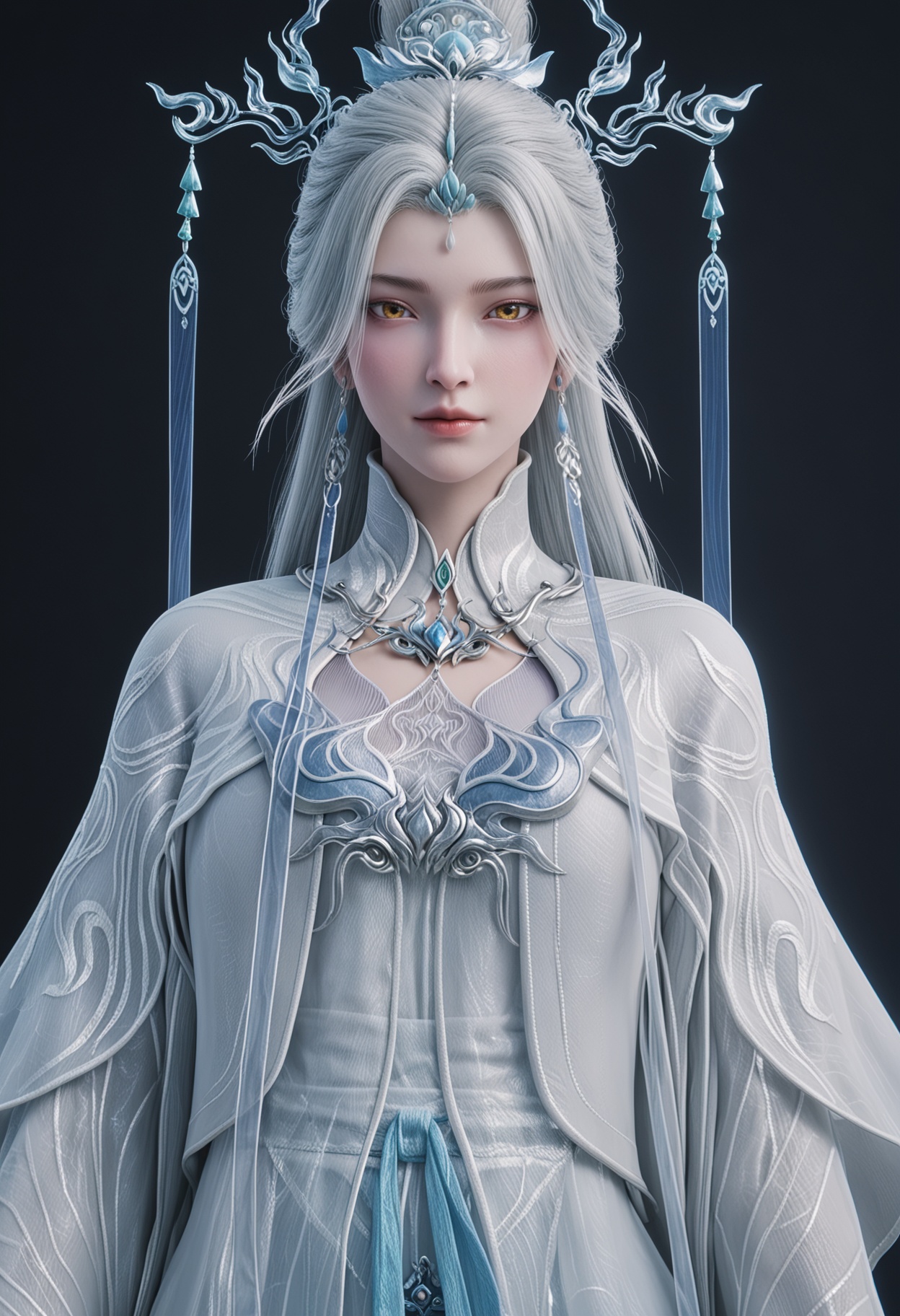 (cowboy shot:1.2),score_9,score_8_up,masterpiece,(best quality),intricate details,facing viewer,(looking at viewer:1.1),<lora:YQ_pony_jianma_fuzhuang2_V4:0.8>,q1528437228,solo,1girl,white hair,long hair,jewelry,hair ornament,earrings,hair bun,chinese clothes,dress,long sleeves,white dress,yellow eyes,wide sleeves,forehead mark,brown eyes,robe,single hair bun,tassel,facial mark,BREAKscore_9,score_8_up,masterpiece,(best quality),perfect anatomy,(hourglass),perfect face,(simple background,pure black background,black background:1.1),fair_skin,shiny_skin,Ivory_skin,