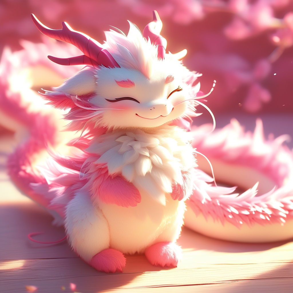dragon boy, dragon, soft lighting, white fur, whimsy and dramatic lighting, warm colors, mf-movie-filter, cc-color-correction, cute, whiskers, light particles, sunlight, dragon focus, fluffy, horns, no humans, closed eyes, solo, smile, blurry background, blurry, closed mouth, full body,<lora:furry_dragon_baby_xl:0.8>