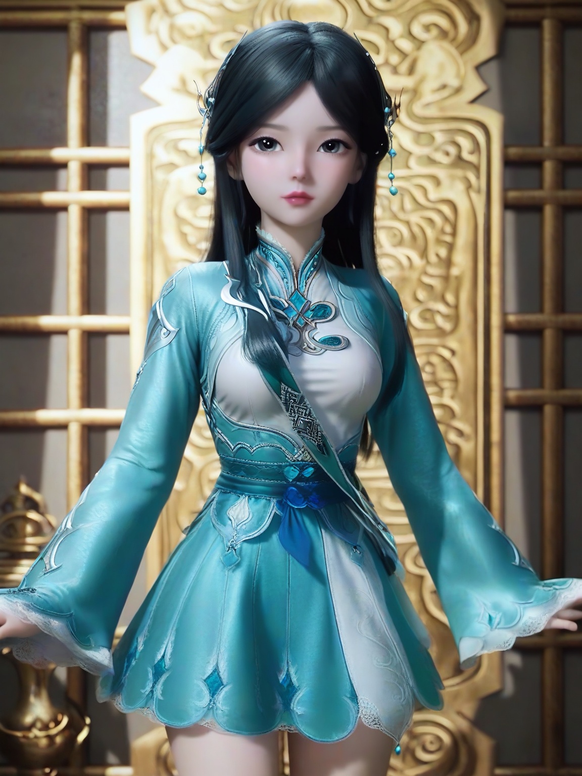score_9,1girl,solo,SFNingRongRongPony,black eyes,breasts,medium breasts,hair ornament,sleeves, black hair,aqua dress,cowboy shot, eyelashes,standing, lipstick,looking at viewer,indoors, <lora:SF_NingRongRong_Child_Pony_Realism2.3-000004:0.7>,