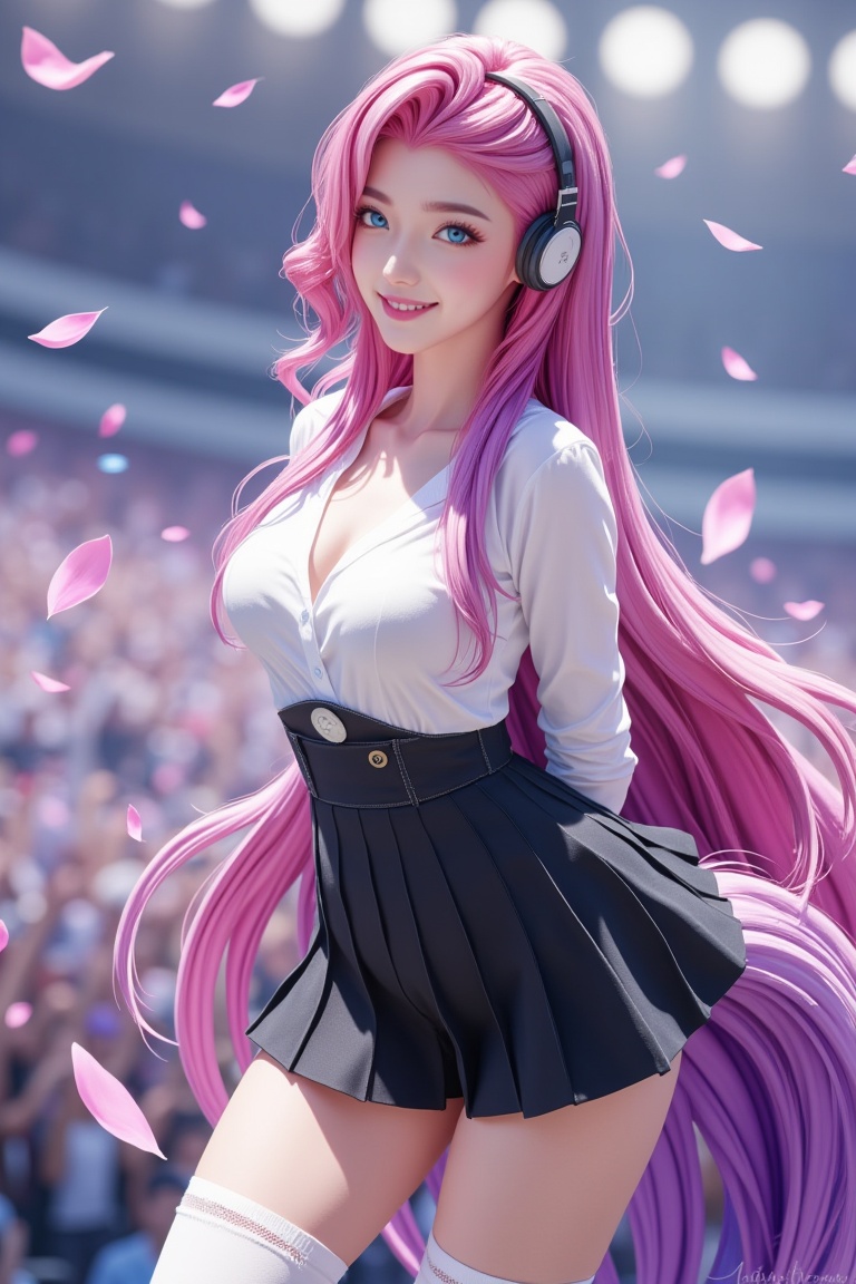 fluffy hair,long floating hair,super long hair,shiny pink hair,shiny hair,1 girl,solo,long hair,singing,blue eyes,pink hair,looking at the audience,smiling,make-up face prints,purple hair,colored hair,thighs,outdoors,full body ((masterpiece)),best quality,ultra-detailed,illustration,A lot of waving glow sticks,Stage,Concert,headset,leaning_forward,arms_behind_back,extremely_detailed_eyes_and_face,colorful,Tokyo Dome,ray tracing,disheveled hair,cherry_blossoms,petals,Flying notes,Large chest,Cleavage of breast,<lora:fbb699:0.8>,