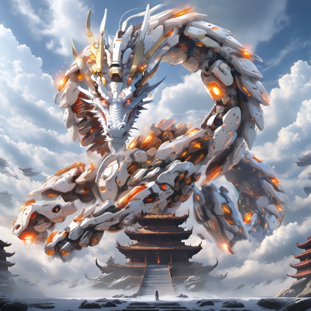 8k,High quality,high quality,morning sunshine,glowing body,mechanical joint,orange led light,high detailed mecha,high-precision mecha,mecha,exoskeleton mechanical armor,red eyes,outdoors,horns,sky,growing joint,day,cloud,blue sky,no humans,glowing,cloudy sky,scenery,eastern dragon,pagoda,building,flying,jet device,high detailed,white mecha,HD,black joint,<lora:mecha_loong_xl_v1:0.6>,a mecha dragon,