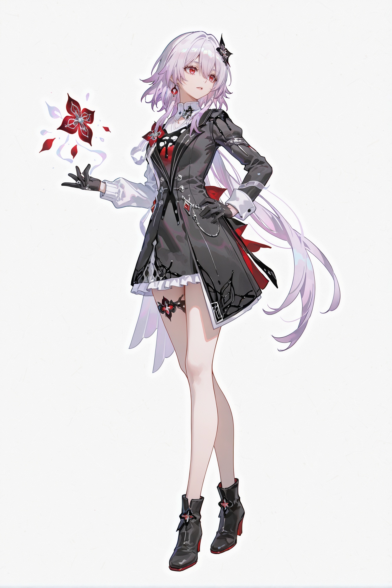 8k,best quality,masterpiece,(ultra-detailed),(high detailed skin),((artist:reoen),(artist:fuzichoco),(artist:atdan),(artist:torino_aqua),year 2024:0.8)1girl,[artist:wlop],[artist:ningen_mame],artist:ciloranko,[[artist:rhasta]],artist:tidsean,colorful,full body,full shot,standing,(solo:1.2),simple background,(white background:1.2),hand on own hip,(white background:1.1),<lora:sanqiall-ill-Tanger-000014:0.8>,March7,March7 \(Evernight\),clothes: Evernight black-and-white suit,Evernight black dress,Evernight hair ornament,Evernight black thigh strap,1girl,red eyes,black gloves,long hair,bangs,black footwear,asymmetrical long sleeves,white sleeve,