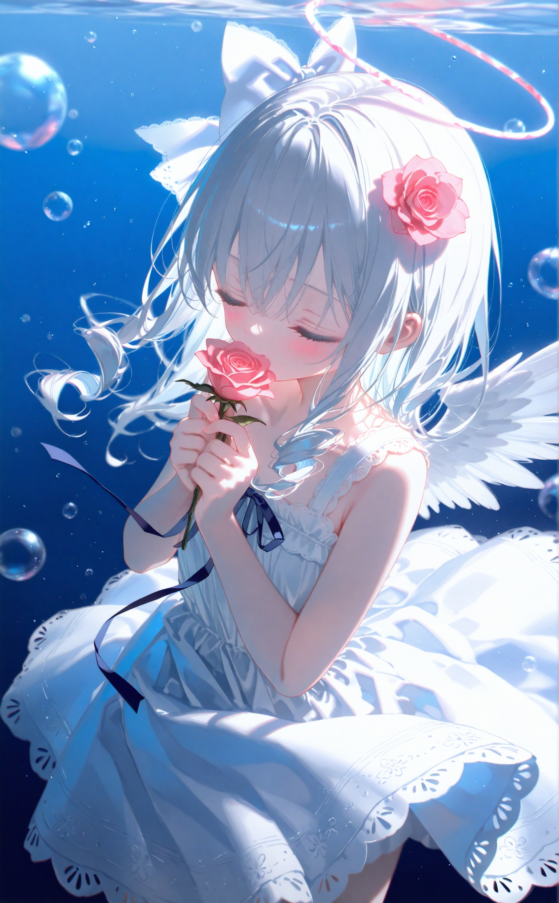 masterpiece,best quality,high quality,loli,chromatic_aberration,Blue Theme,//,(artist:umehara),artist:konya_karasue,(artist:chen bin),artist:tinker_bell,artist:ciloranko,artist:tianliang_duohe_fangdongye,artist:toosaka_asagi,//,bangs,hair ornament,dress,bow,ribbon,flower,hair bow,grey hair,hair flower,rose,drill hair,pink flower,//1girl,solo,long hair,dress,closed eyes,white hair,wings,blue background,bubble,blue theme,