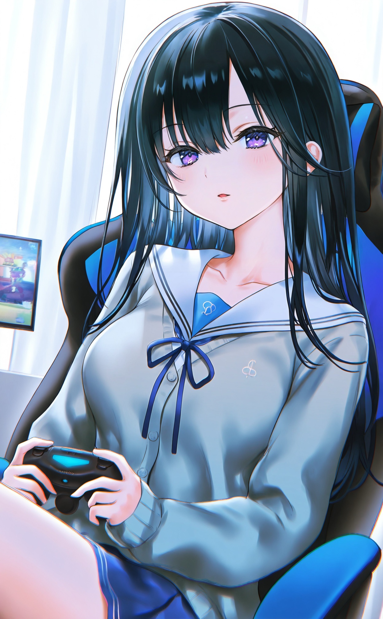 masterpiece,absurdres,best quality,high quality,chromatic_aberration,//,1girl,holding_controller,solo,controller,black_hair,game_controller,holding_game_controller,purple_eyes,long_hair,playstation_controller,swivel_chair,school_uniform,holding,sailor_collar,gaming_chair,sitting,looking_at_viewer,curtains,chair,gamepad,blue_ribbon,long_sleeves,ribbon,skirt,parted_lips,cardigan,serafuku,breasts,white_sailor_collar,indoors,collarbone,blue_skirt,on_chair,neck_ribbon,hair_between_eyes,medium_breasts,pleated_skirt,office_chair,shirt,window,playing_games,open_mouth,//,//,<lora:nekoyashiki_pushio——【CKXL】hans:1>,