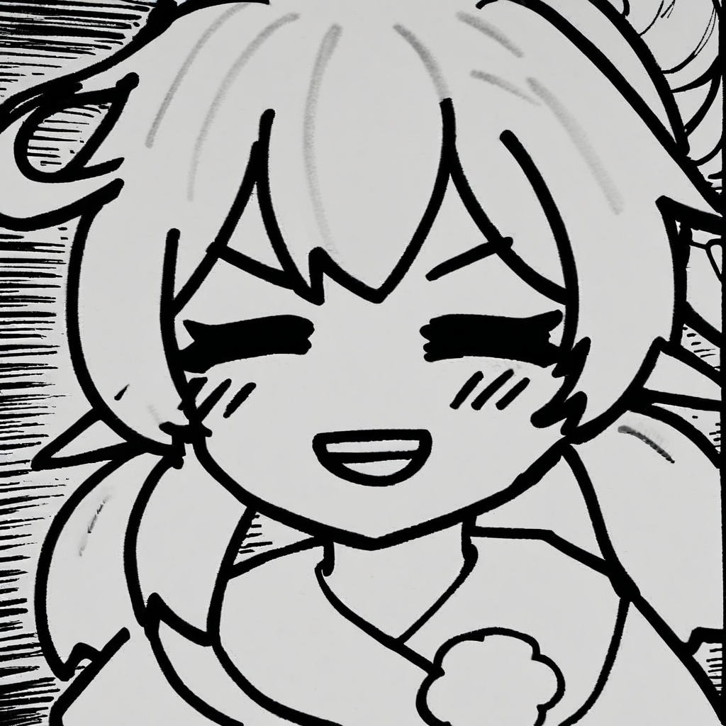 <lora:style52-a31-000018:1>monochrome, greyscale,1girl,solo,klee \(genshin impact\), grin,
