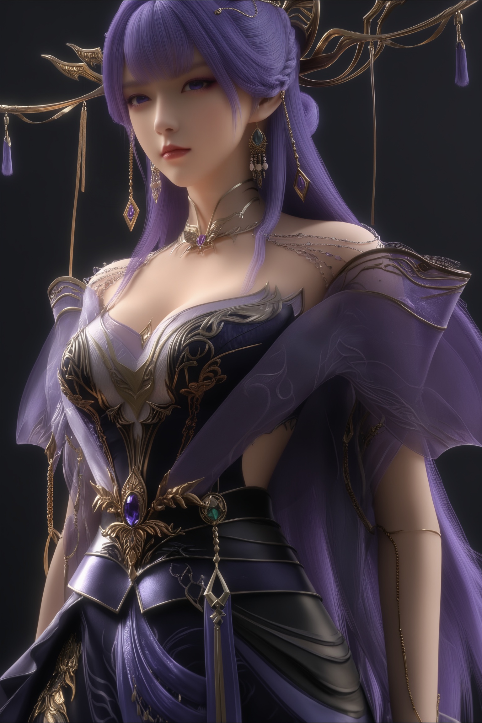 masterpiece,best quality,absurdres,highres,1girl,solo,<lora:新-天穹-ill:0.85>,looking at viewer,front view,upper body,BREAKtianqiong,purple and black,long hair,purple hair,jewelry,ornate hair ornament,golden headpiece,long dangling earrings,antler-like crown,tassel headdress,collarbone,choker,shoulder chains,sheer overlay,corset top,high-waisted skirt,arm chain,cleavage,arms behind back,BREAK(white_skin:1.1),(fair_skin:1.1),realistic,simple background,black background,