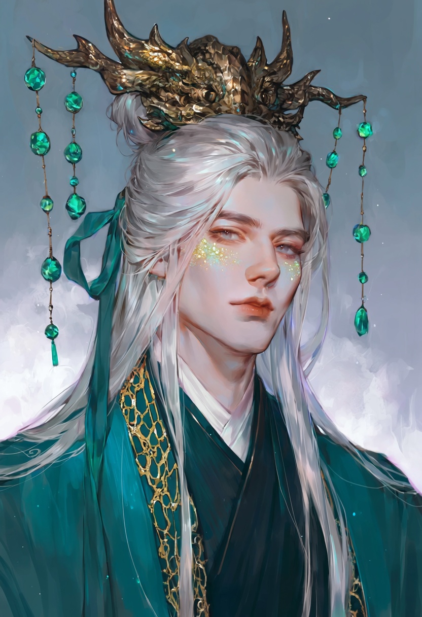 male with long silver-white hair tied with jade green ribbon,  soft grey eyes with golden flecks,  ornate dragon crown wit...