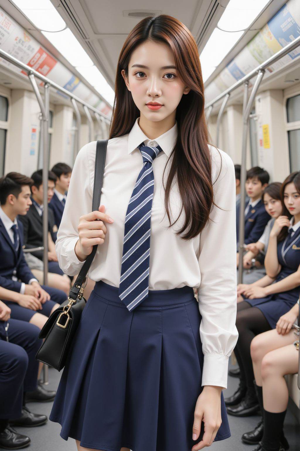 The image shows a young woman standing in what appears to be a train or subway carriage. She is wearing a white blouse with long sleeves and a striped tie, paired with a navy blue pleated skirt. She has a black shoulder bag and is holding the strap with one hand. Her hair is long and straight, and she is looking directly at the camera. In the background, there are other passengers seated, some of whom are also wearing school uniforms. The carriage is well-lit, and there are signs and advertisements visible on the walls. The overall setting suggests a public transportation environment.