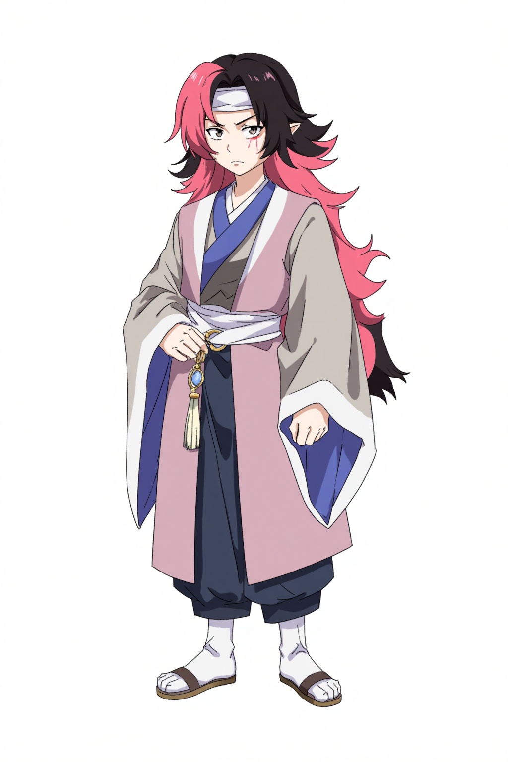 HEZI, Character Design, animation art, quadratic, bright colors, 1boy, male focus, solo, long hair, black hair, white background, multicolored hair, simple background, two-tone hair, full body, standing, long sleeves, looking at viewer, red hair, holding, headband, white headband, closed mouth, wide sleeves, sandals, sash, split-color hair, japanese clothes, bangs, frown, pink hair, black eyes, scar, chinese clothes, one eye covered, scar on face, robe, expressionless, jewelry, white socks, layered sleeves, weapon