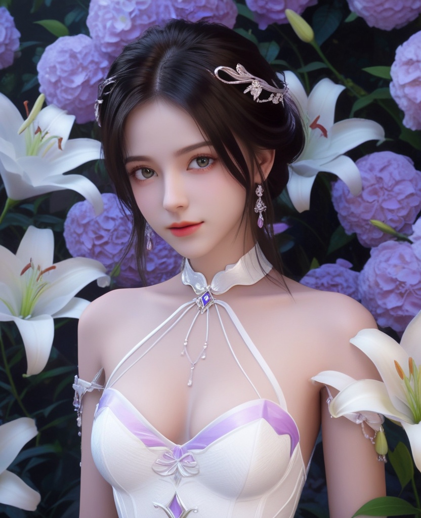 <lora:613-DA-XL-神印王座-白玥:0.8>(,1girl, ,best quality, ),looking at viewer,  ,ultra detailed 8k cg,ultra detailed background,ultra realistic 8k cg,1girl, solo,(bare shoulders:0.85),(masterpiece, best quality),((oil painting style)),sexy young lady,(beautiful face and eyes),(upper body:1.5),(whole body:1.05),(single person:1.2),surrounded by flowers, (lily), roses, floret, vegetation, white, purple, purplish pink,Impressionism,colorful,(Breast size:1.3),(cleavage),