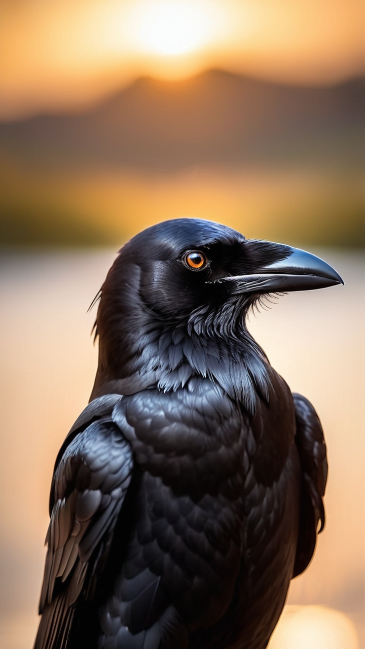 Picture a high-quality,  close-up photograph capturing the enigmatic beauty of a crow's head in sharp detail. The crow's w...