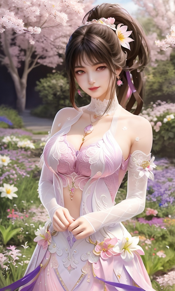 (,1girl, ,best quality, ),looking at viewer, <lora:454-DA-永劫无间-斗罗大陆-小舞:0.8> ,ultra detailed 8k cg,ultra detailed background,ultra realistic 8k cg,1girl, solo,(bare shoulders:0.85),(masterpiece, best quality),((oil painting style)),sexy young lady,(beautiful face and eyes),(upper body:1.5),(whole body:1.05),(single person:1.2),surrounded by flowers, (lily), roses, floret, vegetation, white, purple, purplish pink,Impressionism,colorful,(Breast size:1.3),(cleavage),