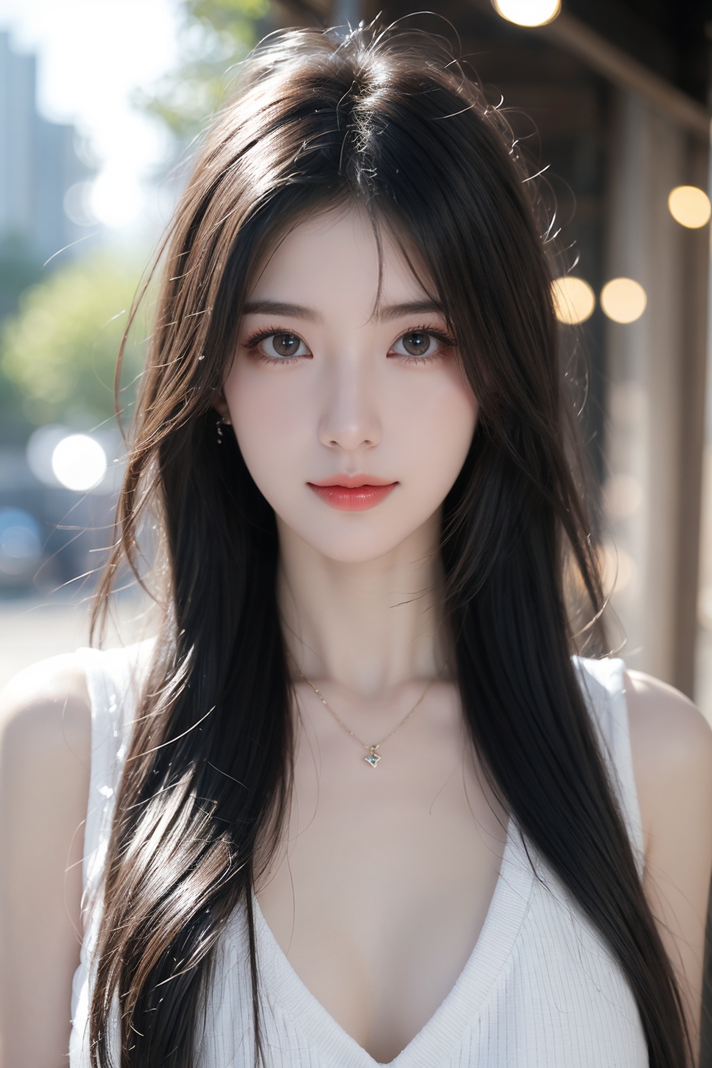 1girl, black hair, blurry, blurry background, bokeh, depth of field, jewelry, lens flare, lips, long hair, looking at viewer, necklace, outdoors, sleeveless, solo <lora:美女:0.8>