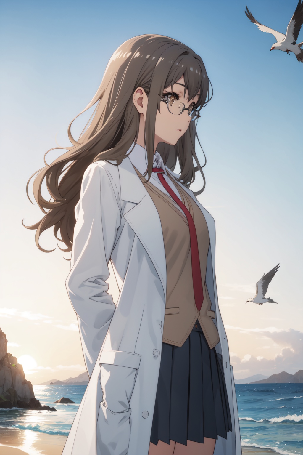 <lora:Rio-000014:0.8>,Rio CYQL,1girl,looking at viewer,solo,brown_hair,long_hair,bangs,brown_eyes,glasses,rimless_eyewear,labcoat,school_uniform,shirt,necktie,skirt,vest,yandere,profile,Coastline, Cliffs, Wind, Waves, Rocks, Dramatic, Serenity, Seagulls,(Sunflowers, Bees, Rustling stalks, Sunshine, Yellow hues, Summer heat:0.5),beautiful detailed sky,beautiful detailed glow,posing in front of a colorful and dynamic background,masterpiece,best quality,beautiful and aesthetic,contrapposto,female focus,wallpaper,