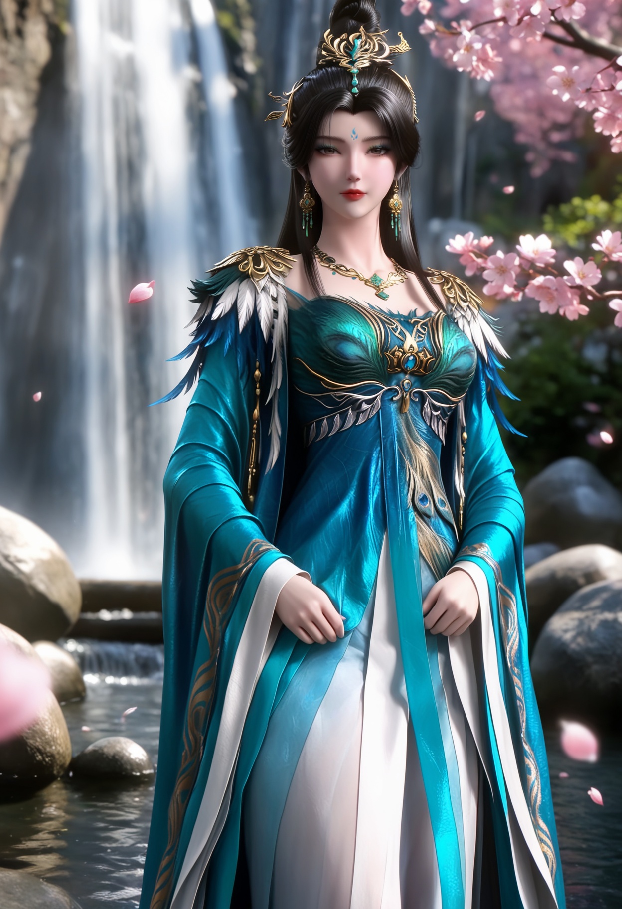 masterpiece,best quality,amazing quality,high resolution,ultra-detailed,absurdres,(looking at viewer:1.1),upper body,(moody lighting:1.1),waterfall,peach blossom,falling petals BREAK (large breasts:0.8),huanmei,1girl,solo,black hair,long hair,hair ornament,jewelry,earrings,forehead mark,dress,blue dress,hair bun,necklace,chinese clothes,makeup,eyeshadow,shoes BREAK photorealistic details,<lora:QQSillhuanmeiV1:0.8>,