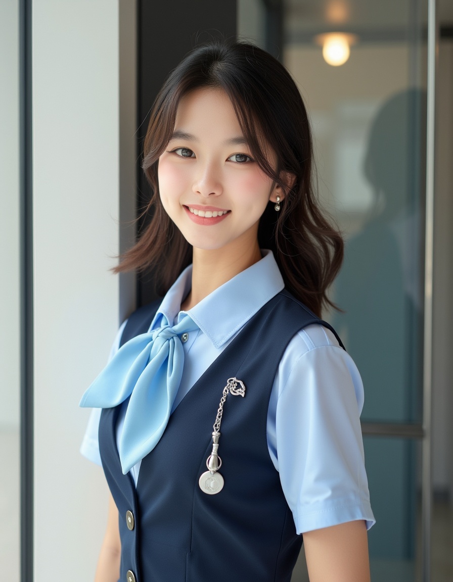 a real picture of a south korea woman,In Bank Teller Uniform\(Often includes a uniform shirt,pants,and sometimes a scarf or tie for bank tellers\).,