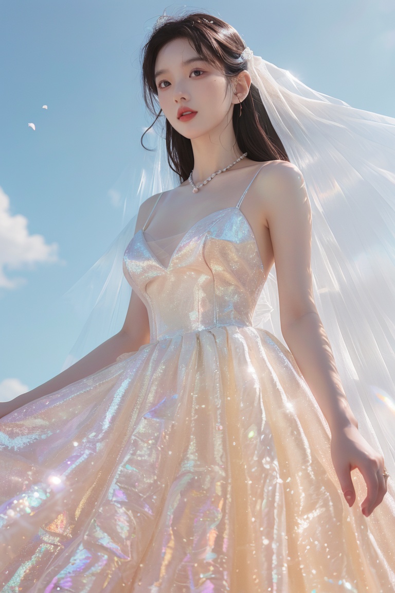 (masterpiece:1.3),(best quality:1.3),(photorealistic:1.4),see-through,midriff,pantyhose,(large breasts:1.2),yaosi,(street:1.4),(ultra detailed:1.3),unity 8k wallpaper,realistic,1girl,beautiful,smile,Big eyes more details,hair in the back of the head,a pearl necklace around the neck,(wedding dress:1.4),bright color,standing on the lawn,blue sky,floret,white clouds,soft light,early summer at seven in the morning,Jewelry,necklace,(8k, RAW photo, best quality, masterpiece:1.2),(realistic, photo-realistic),professional lighting,photon mapping,radiosity,Extreme Light and Shadow, <lora:YG彩虹糖纱婚纱:1>,