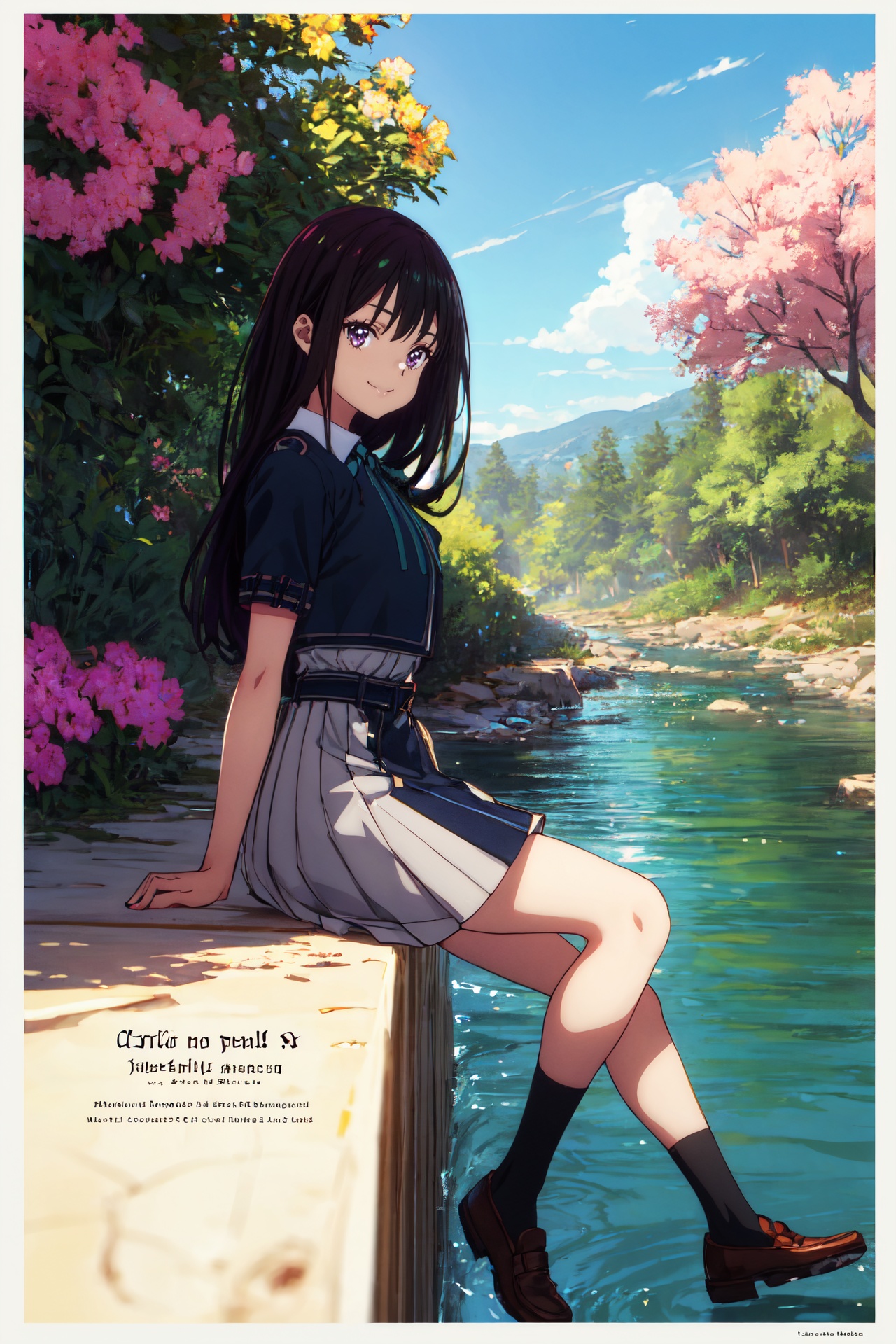 1girl,looking at viewer,solo,black hair,long hair,purple eyes,ribbon,green ribbon,neck ribbon,lycoris uniform,dress,blue dress,two-tone dress,belt,collared shirt,shirt,grey dress,white shirt,socks,black socks,loafers,brown footwear,<lora:takina>,takina_CYQL,(seductive_smile,on stomach,panorama,from_side:1.1),beautiful face,beautiful eyes,glossy skin,shiny skin,River, Kayak, Afternoon sun, Nature scenery, Paddling, Adventure,Bougainvillea, Citrus trees, Terracotta pots, Fountain, Mediterranean architecture, Warm breeze,beautiful detailed sky,beautiful detailed glow,(movie poster:1.2),(border:1.3),(English text:1.4),posing in front of a colorful and dynamic background,masterpiece,best quality,beautiful and aesthetic,contrapposto,female focus,wallpaper,fashion,<lora:增强减少细节add_detail:0.4>,