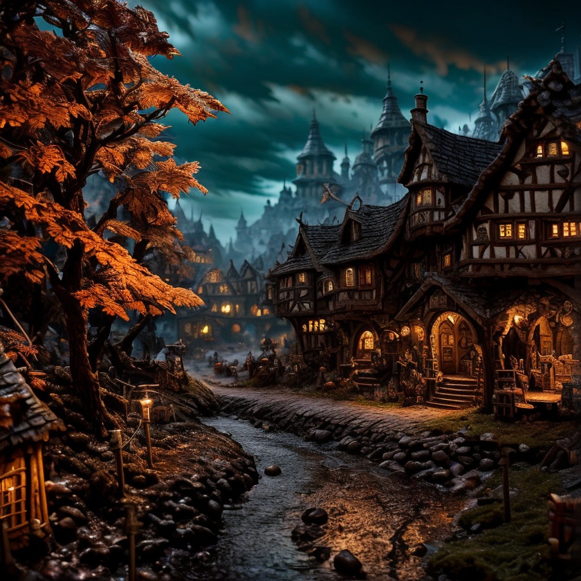 (masterpiece:1.2), (best quality,:1.2), 8k, HDR, ultra detailed, ((photorealistic)), perfect anatomy, professional light, cinematic lighting, fashion photography, ambient lighting,<lora:detail_slider_v4:3>, a realistic small medieval village, DarkFantasy, <lora:FantasySettlement-10:1>, epiCPhoto
