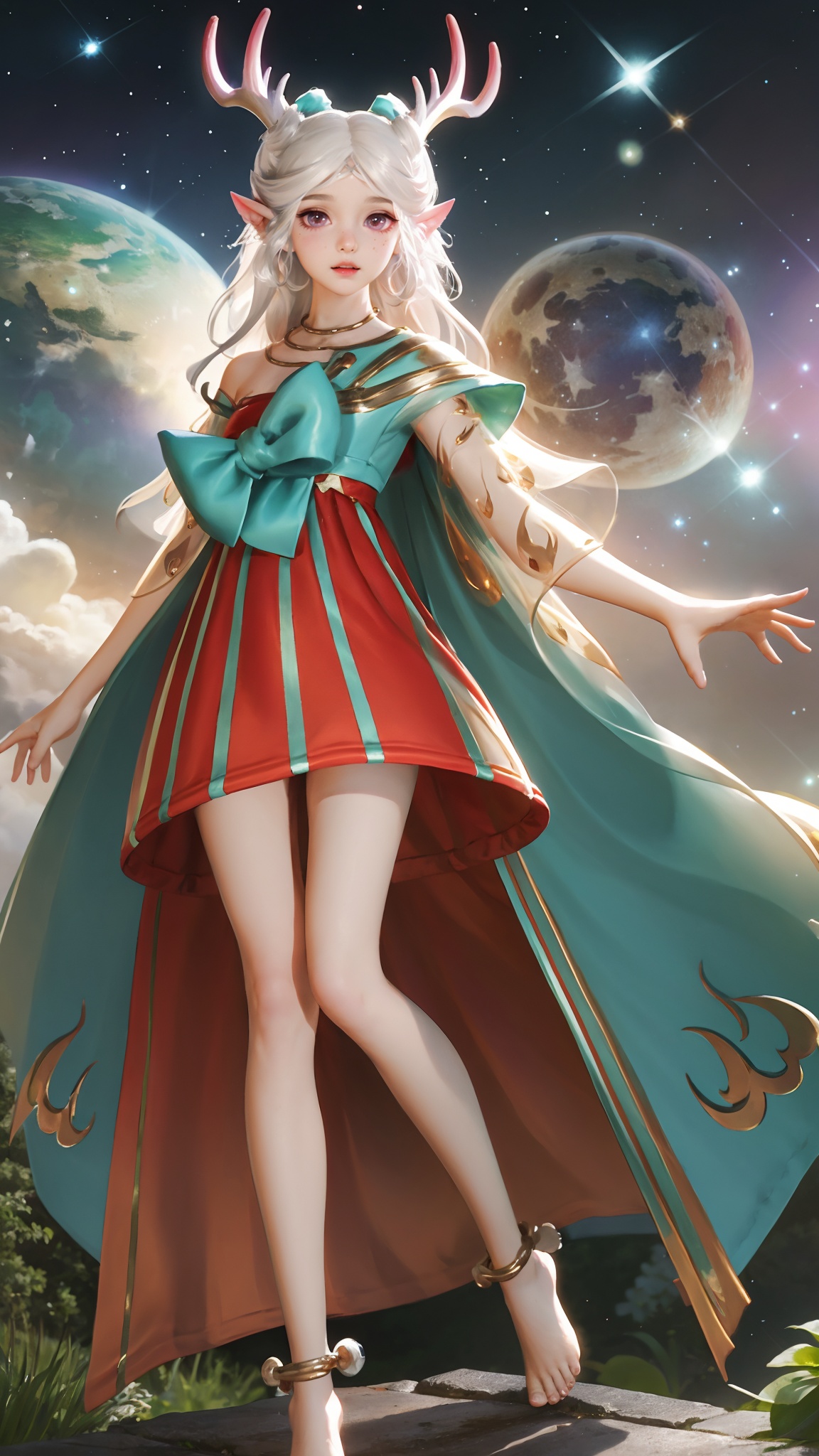 1girl,solo,antlers,pointy ears,white hair,dress,jewelry,anklet,long hair,looking at viewer,capelet,bow,<lora:瑶妹:0.75>,scenery,starry_sky,stars,sky,see-through,barefoot,