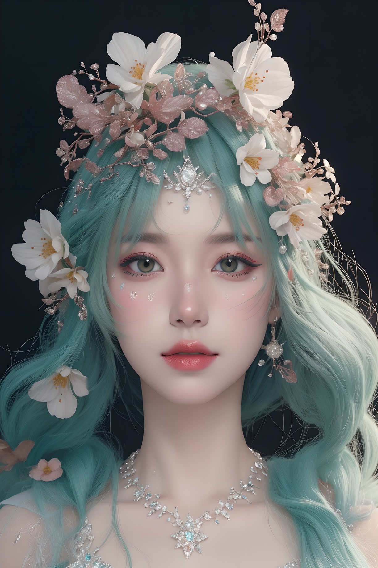 <lora:Fashion_Girl:0.66>green  theme,  snowflakes,  looking at viewer,  portrait,  colorful hair,  jewelry,  close up,  ultra high res,  deep shadow, (best quality,  masterpiece),  dimly lit,  shade, highly detailed,  bold makeup,  flower,  simple background,  depth of field,  film grain,  fashion_girl,  accessories, High detailed, (masterpiece,high quality,best quality),(colorful),(delicate eyes and face),volumatic light,ray tracing,extremely detailed CG unity 8k wallpaper,solo, indoors, palace, lights, window, decorations,(ahoge:1.3),best quality,official art,(((light from the sky))),floating hair,light shines on hair,whultra-detailed,(((extremely detailed cg 8k wallpaper))),(crystalstexture skin:1.4),(extremely delicate and beautiful),(white skin),looking_at_viewer,kinghere fensejiaren,,realistic,