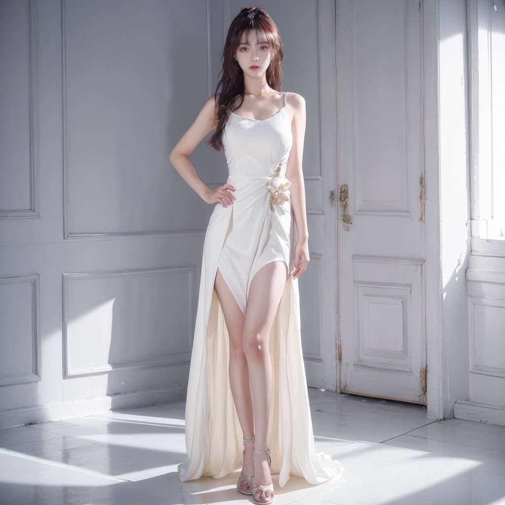 1girl, dress, Indoor, standing, full_body,hand on hip,<lora:20231109-1699510907344:0.6>