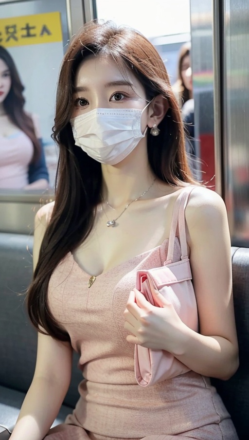 (best quality, masterpiece:1.3),1girl,jinyu.1girl,solo,big breasts,cleavage,narrow_waist,slender,pale_skin,long hair,straight_hair,(masks:1.1),(mouth_mask:1.2),china_dress,print_cheongsam,color contact lenses,mole under eye,nail_art,(upper_body:1.3),sitting in the subway,portrait,(stud earrings:1.2),(holding:1.1),(holding_bag:1.2),(front view:1.2),(looking_at_viewer:1.4),(eye-contact:1.4),pendant,necklace,pink dress,sweater,dress,pink_dress, <lora:meinv45:0.7>,pink_dress,   <lora:高贵御姐连衣裙LY:0.7>,