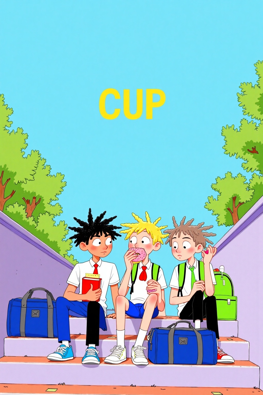 beijihui,Captured from an animated cartoon, three boys are sitting on a set of stairs. Two of the boys are wearing white shirts and blue pants, while the other boy is wearing a white shirt and black pants. The boy on the left is holding a red book in his hands. He has a red bow on his head and a red tie around his neck. The second boy is eating a donut. He is also wearing a green backpack. The third boy is also holding a green bag. There is a blue duffel bag on the stairs in front of them. There are trees on the right and left side of the stairs. The sky is a light blue color. Above the stairs is a text that reads "CUP," in yellow letters.